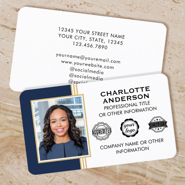 Classic Style Custom ID Photo Blue Gold Business Card (Creator Uploaded)