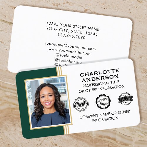 Classic Style Custom ID Photo Green Gold Business Card