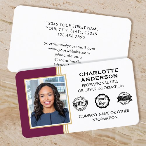 Classic Style Custom ID Photo Plum Gold Business Card