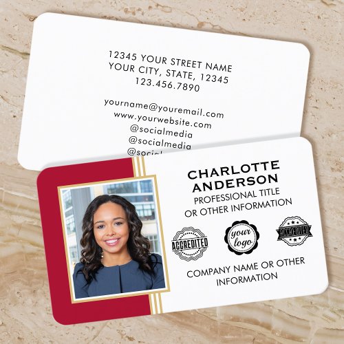 Classic Style Custom ID Photo Red Gold Business Card
