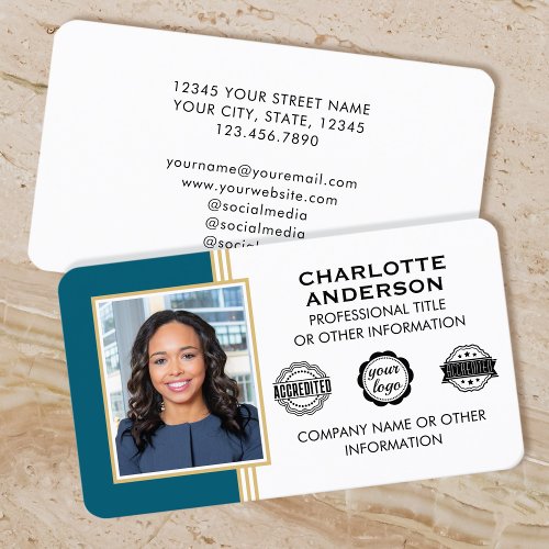 Classic Style Custom ID Photo Teal Gold Business Card
