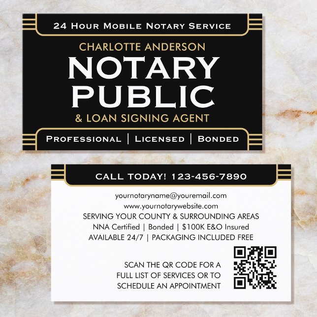 Classic Style Mobile Notary Public ID Black Gold Business Card (Creator Uploaded)