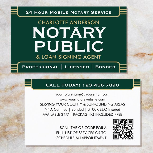 Classic Style Mobile Notary Public ID Green Gold Business Card (Creator Uploaded)