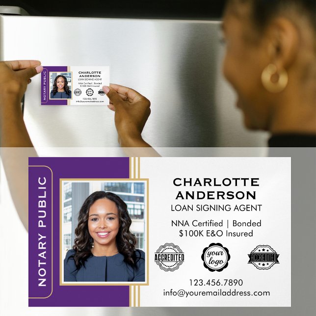 Classic Style Notary Profile Photo Purple Gold Business Card Magnet (Creator Uploaded)