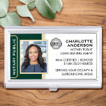 Classic Style Notary Public ID Green Gold Business Business Card Case<br><div class="desc">Create a professional look with this classic Notary Public Business Card Case. This stylish template is personalized with your ID photo, name, details, and accreditation logo. Perfect for a Notary Public, Loan Signing Agent, Certified Notary Trust Delivery Agent, CNTDA, Mobile Notary, Apostille or other legal profession. Printed colors: very dark...</div>