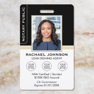 Classic Style Notary Signing Agent ID Black Gold Badge