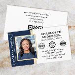 Classic Style Notary Signing Agent ID Blue Gold Business Card<br><div class="desc">Create a professional appearance with these classic 'Notary Signing Agent' business cards. Personalized with your photo, name, details and logo or accreditation logos. Contact details are on the back, along with a barcode or QR code. All the text and images can be customized or deleted so you can include the...</div>