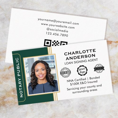 Classic Style Notary Signing Agent ID Green Gold Business Card