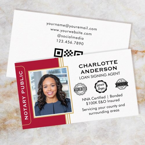 Classic Style Notary Signing Agent ID Red Gold Business Card