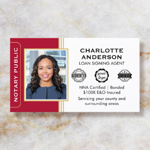 Classic Style Notary Signing Agent ID Red Gold Business Card