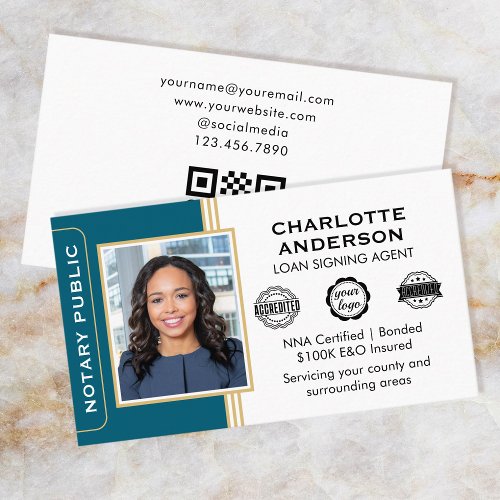 Classic Style Notary Signing Agent ID Teal Gold Business Card