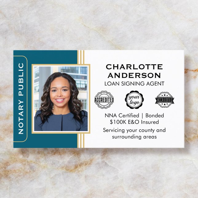 Classic Style Notary Signing Agent ID Teal Gold Business Card (Creator Uploaded)