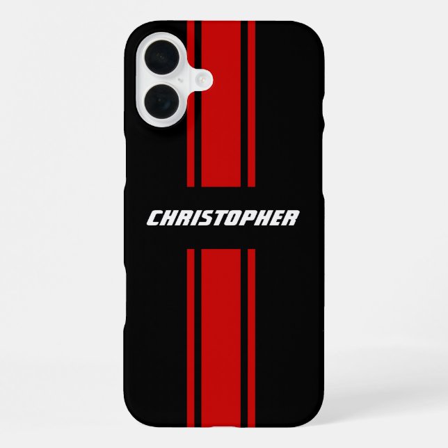Classic Stylish Red Black Racing Stripes Monogram iPhone Case (Back)