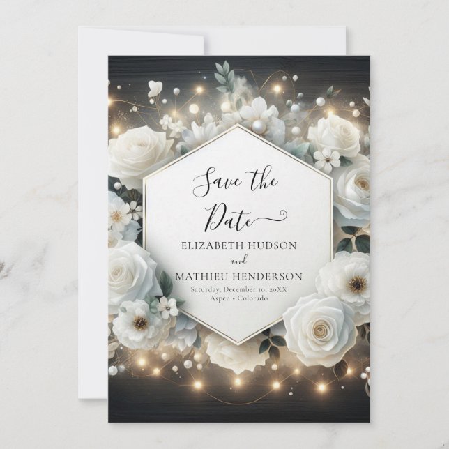 Classic Stylish White Roses Wedding Save The Date (Front)