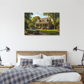Classic Suburban Home with Vintage Car Wall Art