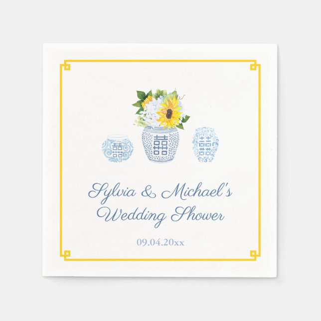 Classic Sunflowers Blue & White Vase Bridal Shower Napkins (Front)