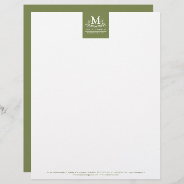 Classic Swirl Ornament Initial on Rustic Green Letterhead (Front/Back)