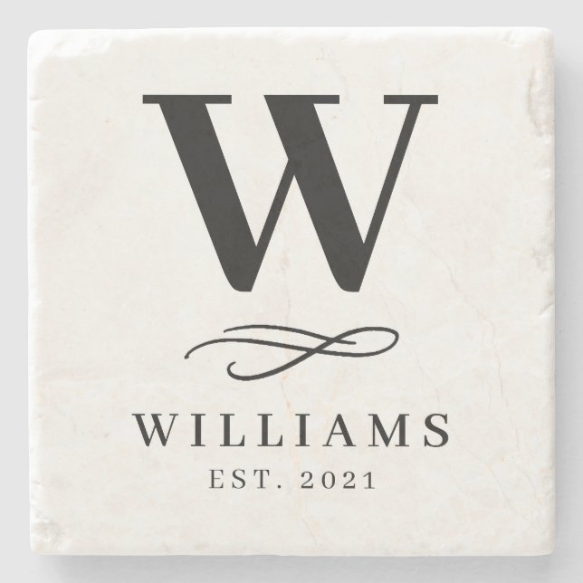 Classic Swirl Simple Monogram Family Stone Coaster (Front)