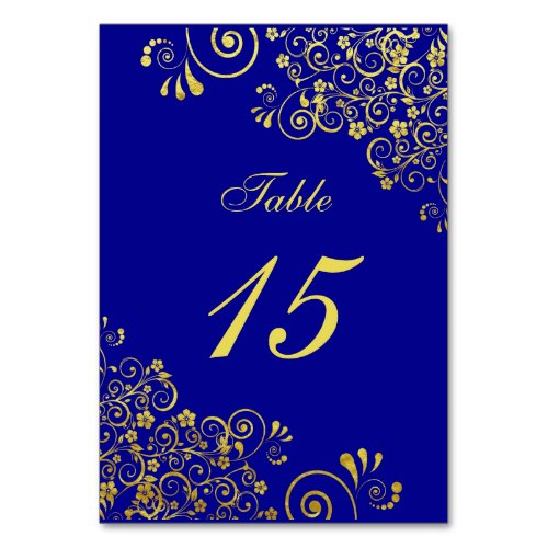 Classic Swirls and Scroll Navy Blue Gold Script Table Number