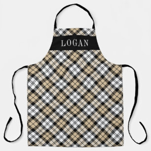 Classic Tan Black Watch Plaid Monogram Mens Apron