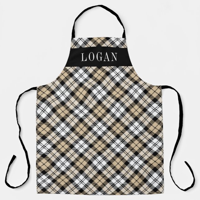 Classic Tan Black Watch Plaid Monogram Mens Apron (Front)