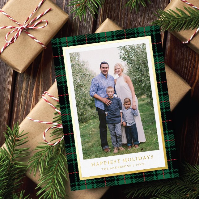 Classic Tartan Gold Foil Frame Holiday Photo Card (Creator Uploaded)