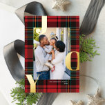 Classic Tartan JOY Holiday Photo Card FOIL<br><div class="desc">This modern holiday photo card features a classic red tartan background with the greeting "JOY" framing a single vertical photo. This design accommodates a single vertical photo on the front of the card. On the reverse side is the same tartan background, to which you can add another photo or additional...</div>