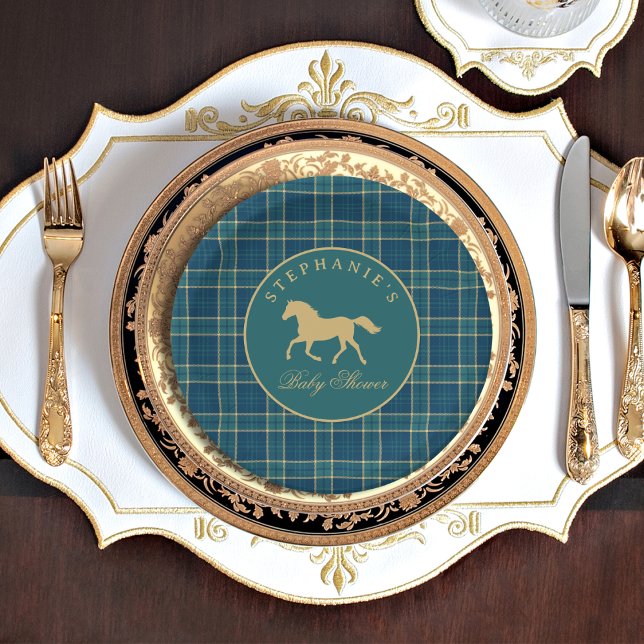 Classic Tartan Plaid Horse Equestrian Baby Shower Paper Plates (Creator Uploaded)