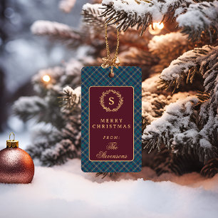 Classic Tartan Plaid Monogram Burgundy Christmas Gift Tags