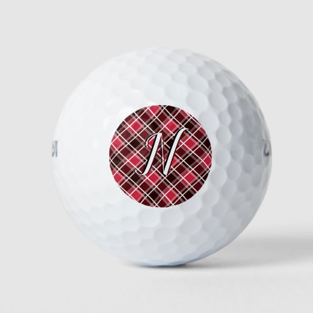 Classic Tartan Plaid Red Black Monogram Custom Golf Balls (Front)