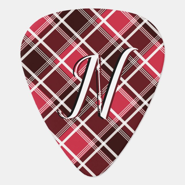 Classic Tartan Plaid Red Black Monogram Custom Guitar Pick (Front)