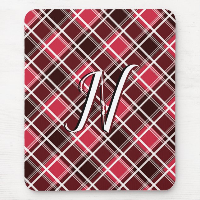 Classic Tartan Plaid Red Black Monogram Custom Mouse Pad (Front)