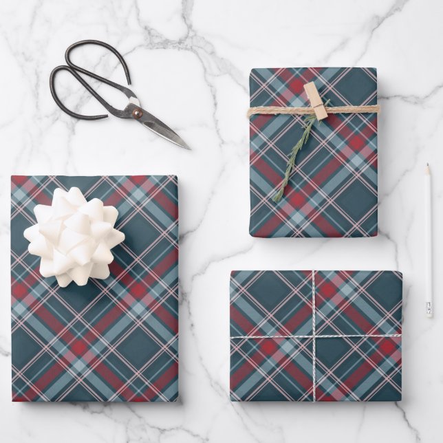 Classic Tartan Plaid Red Teal Green Christmas Wrapping Paper Sheets (Front)