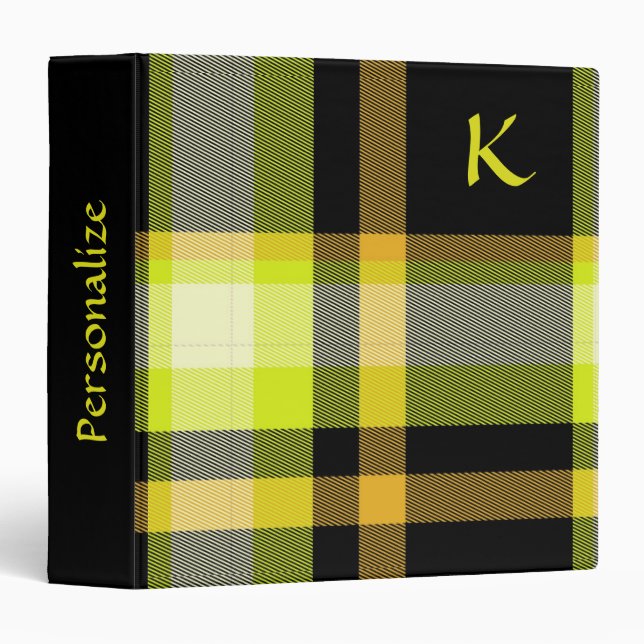Classic Tartan Plaid Yellow Black Pattern Monogram 3 Ring Binder (Front/Spine)