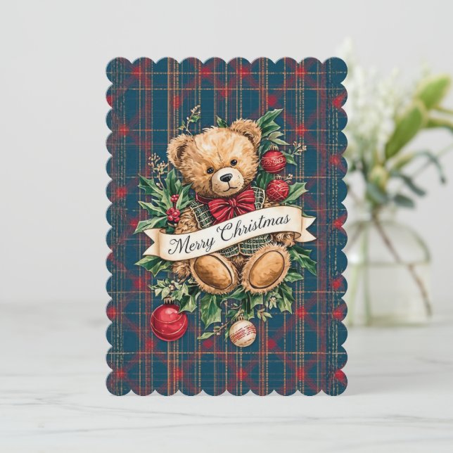 Classic Tartan Teddy 1 photo flat Holiday Card (Standing Front)
