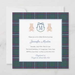 Classic Tartan Teddy Bear Winter Baby Boy Shower Invitation
