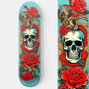 Classic Tattoo Art Skull Rose Nautical Elements Skateboard