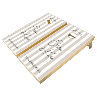 Classic Taupe and White Stripe Rustic Wedding Cornhole Set