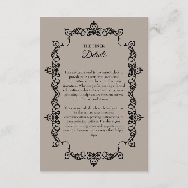 Classic Taupe Linen Brown Ornately Framed Wedding Enclosure Card (Front)