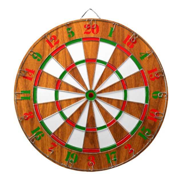 Classic Teak Veneer Print for a Game of Darts Dartboard With Darts (Front)