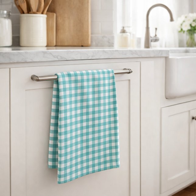 Classic Teal and White Gingham Pattern Farmhouse Kitchen Towel (A kitchen towel featuring a gingham plaid pattern done in teal and white.)