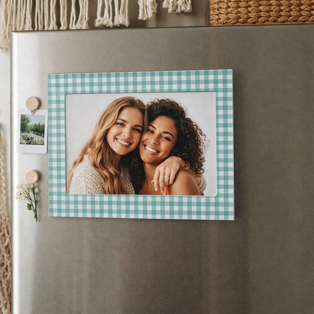 Classic Teal and White Gingham Pattern Magnetic Frame (A magnetic teal and gingham magnetic frame)