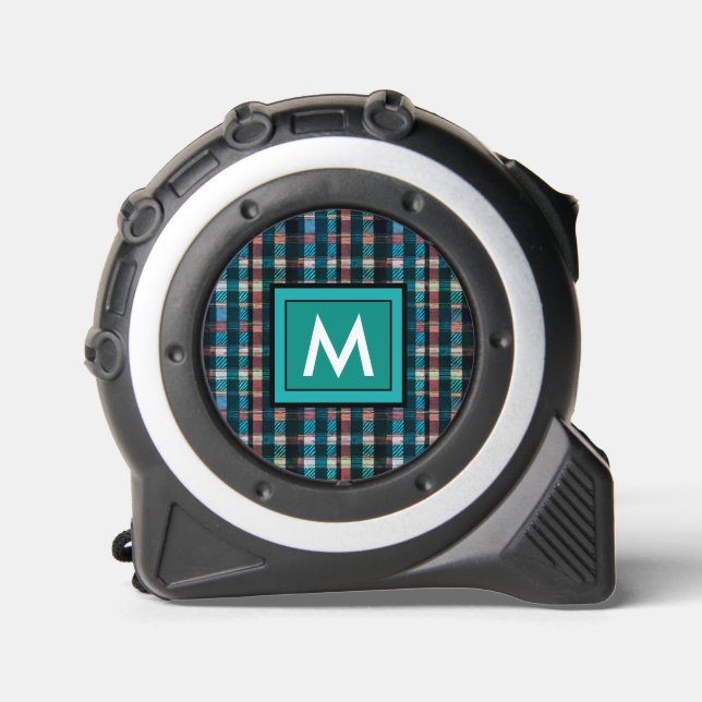 Classic Teal Black Plaid Tartan Pattern Monogram Tape Measure (Front)