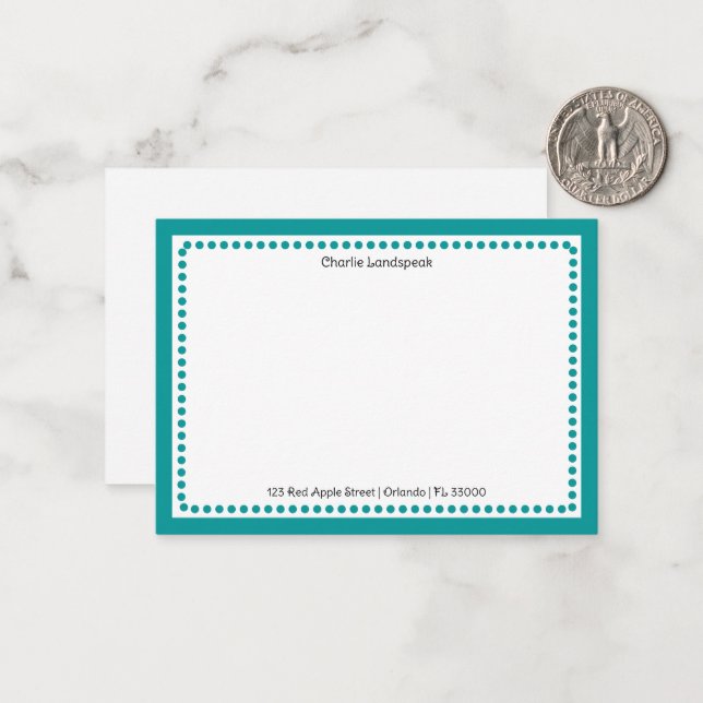 Classic Teal Blue Border & Dots Monogrammed  Note Card (Front/Back In Situ)