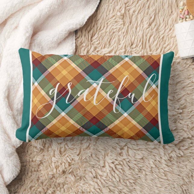 Classic Teal Blue Green Orange Tartan Pattern Lumbar Pillow (Blanket)