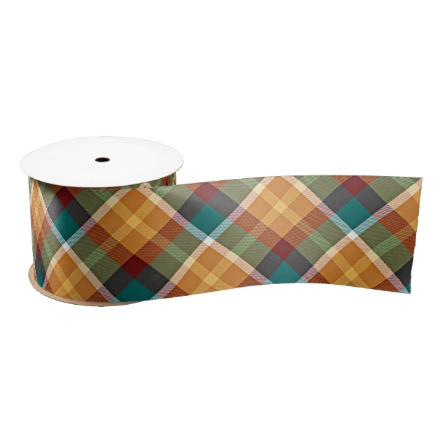 Classic Teal Blue Green Orange Tartan Pattern Satin Ribbon (Spool)