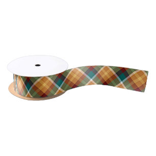 Classic Teal Blue Green Orange Tartan Pattern Satin Ribbon