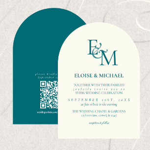Classic Teal Blue Monogram Minimalist Wedding Invitation