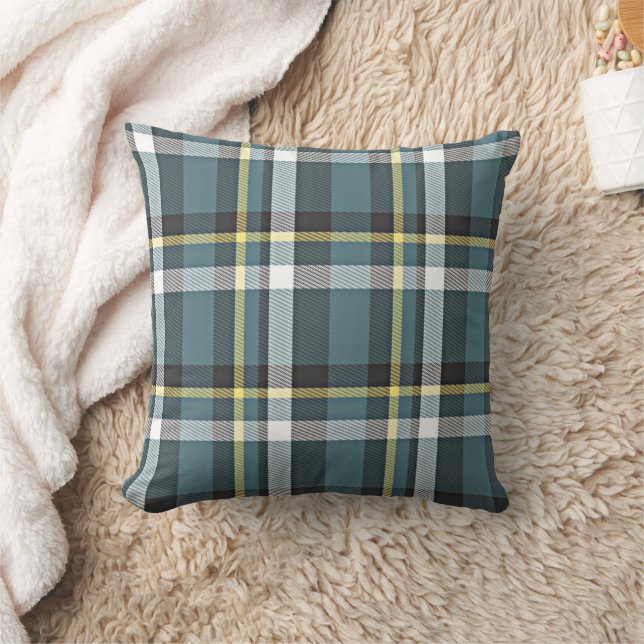Classic Teal Blue Yellow Tartan Plaid Stripes Throw Pillow (Blanket)