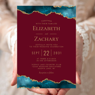 Classic Teal Gold Agate Burgundy Wedding Invitation